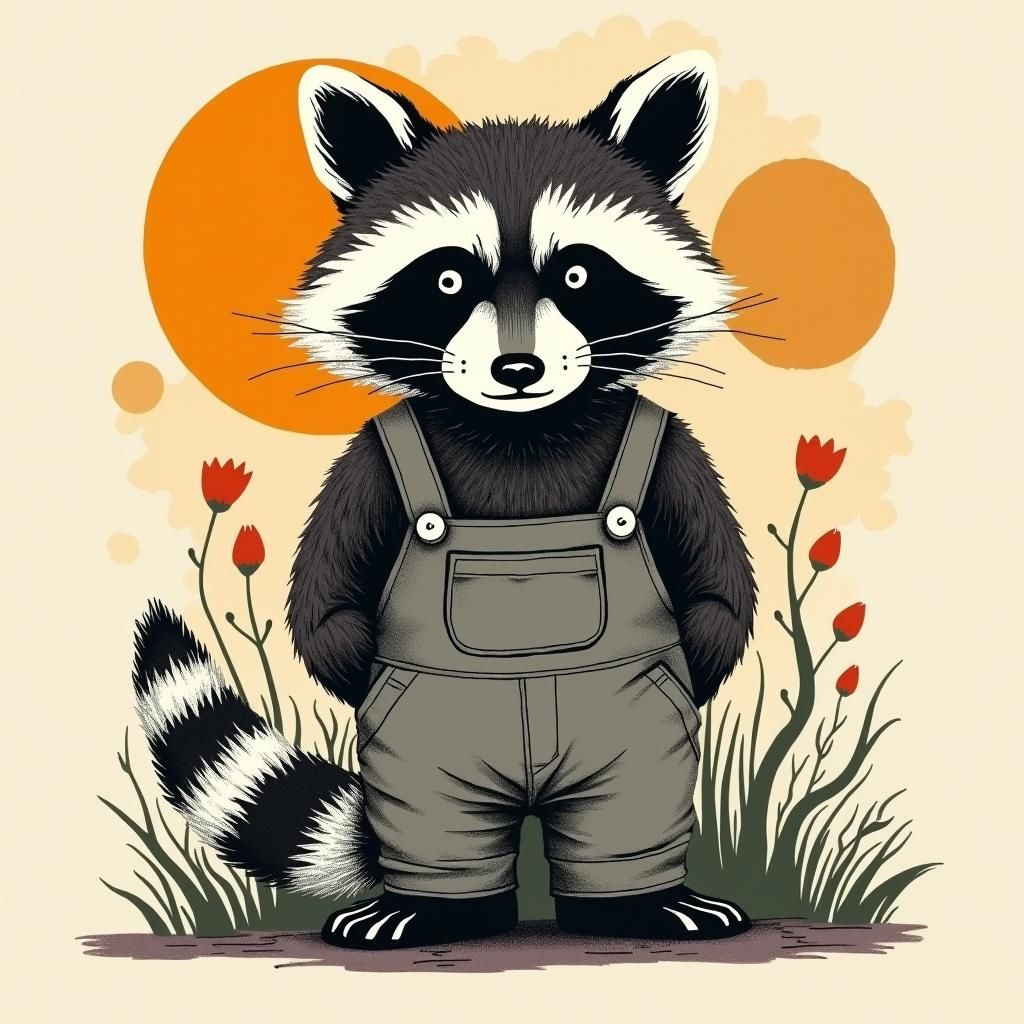 girl Raccoon wearing overalls. woodcut, linocut, relief prin...