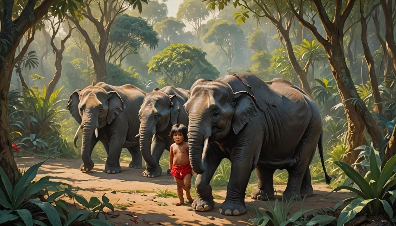 The Jungle Book, Mowgli Man Cub. Meets Col. Hathi the Elephant and His Herd. (Image 01)
