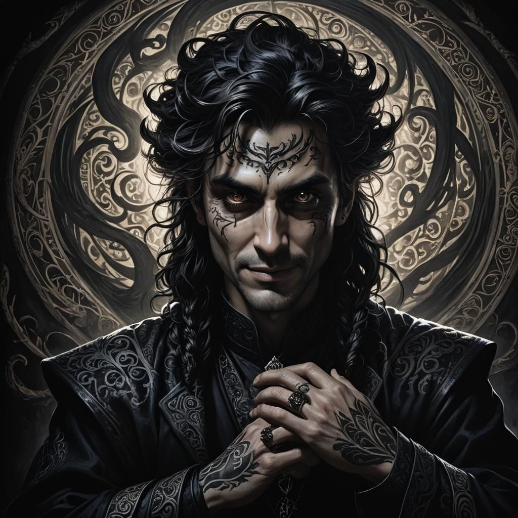 Ominous Shadow Sorcerer Portrait in Dark Fantasy Style