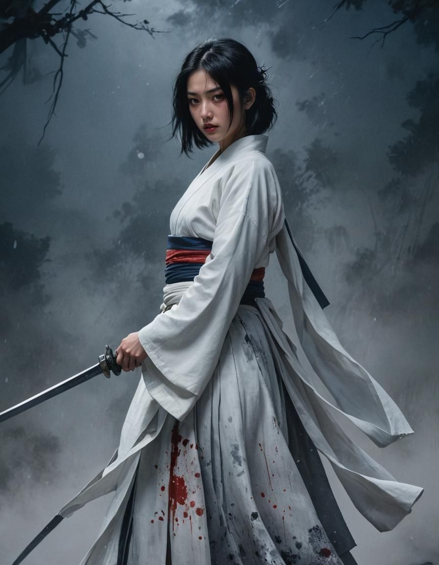 Dark Horror: Bloody Hakama Woman with Sword