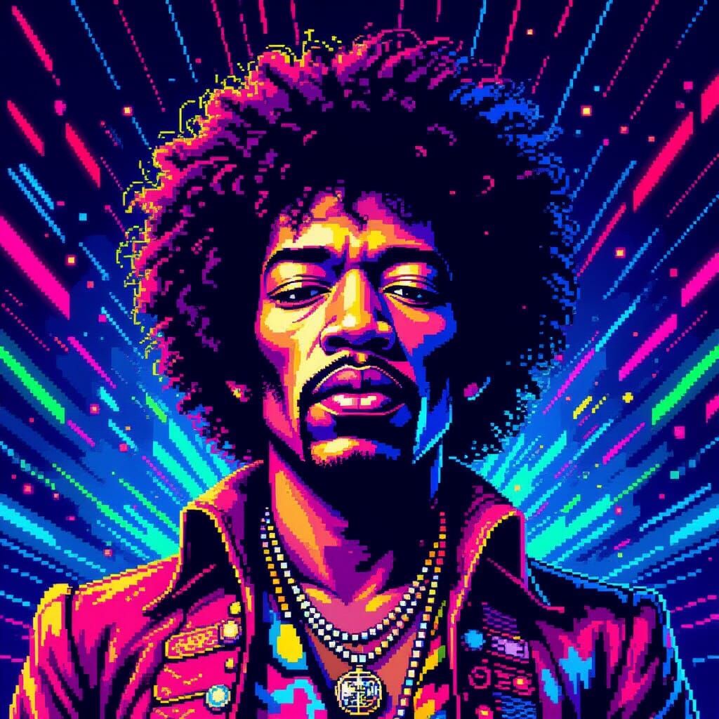 Jimi Hendrix Pixel Art Portrait with Neon Accents
