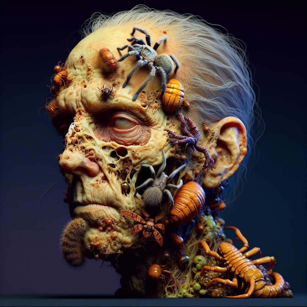 Deceased Woman Adorned with Insects in Hyper-Realistic Style