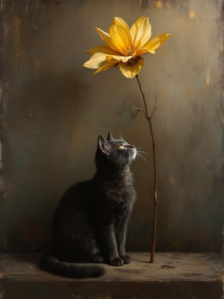 Adorable Cat Under Tall Flower in Luminous Style