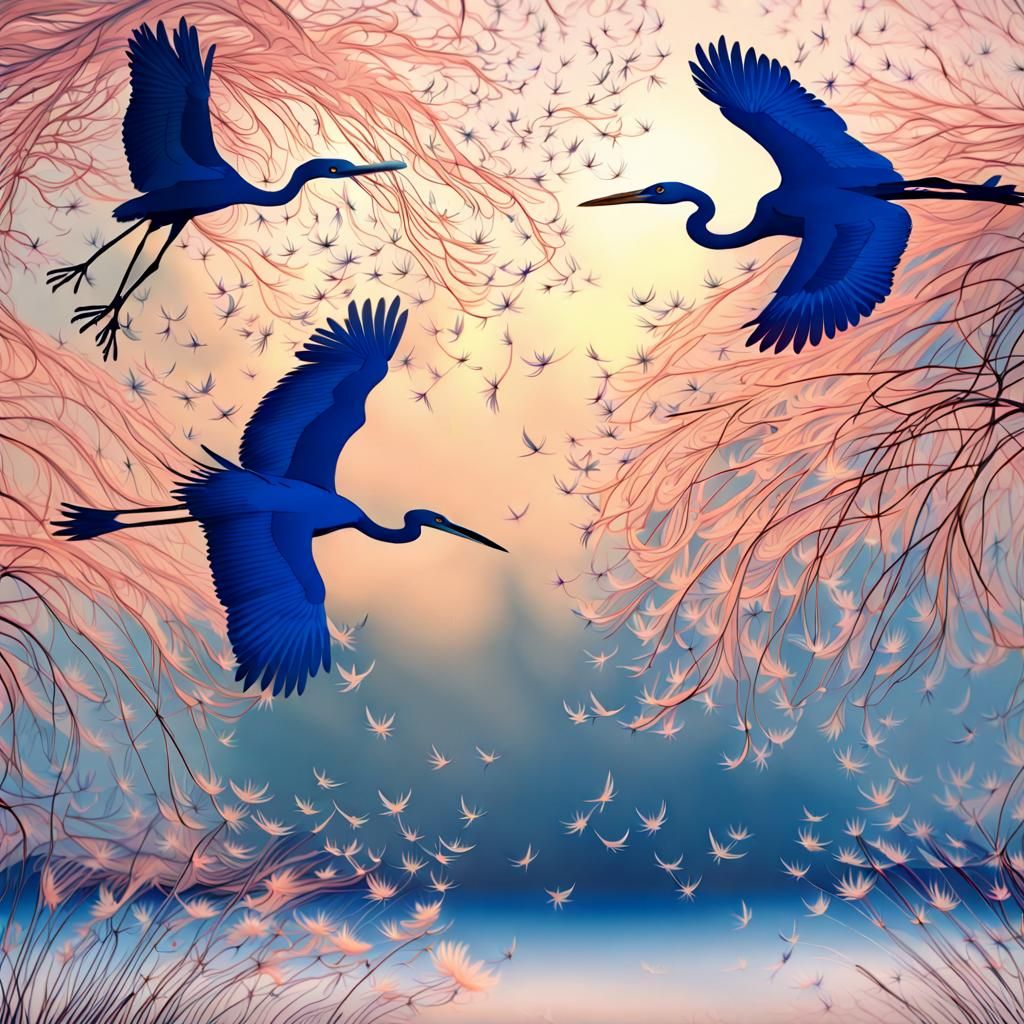 Blue Herons in Flight with Blossoms, Fantasy Art