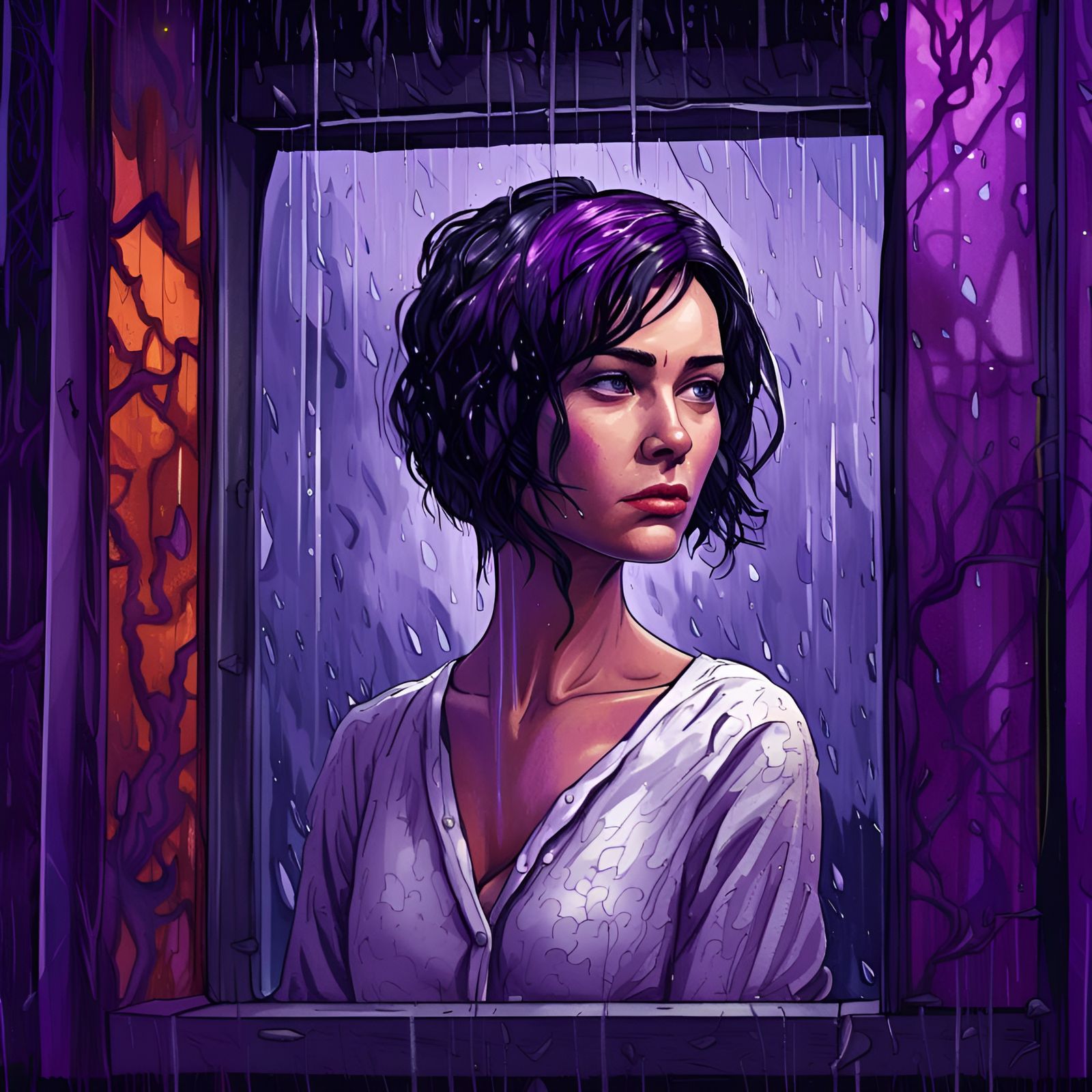 Sad Woman in Purple Rain, Comic Style Art