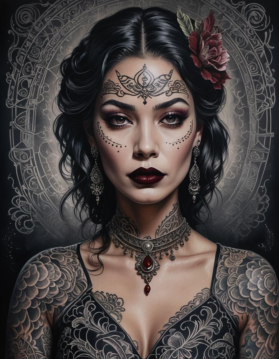 Noir Portrait of Enigmatic Woman with Tattoos