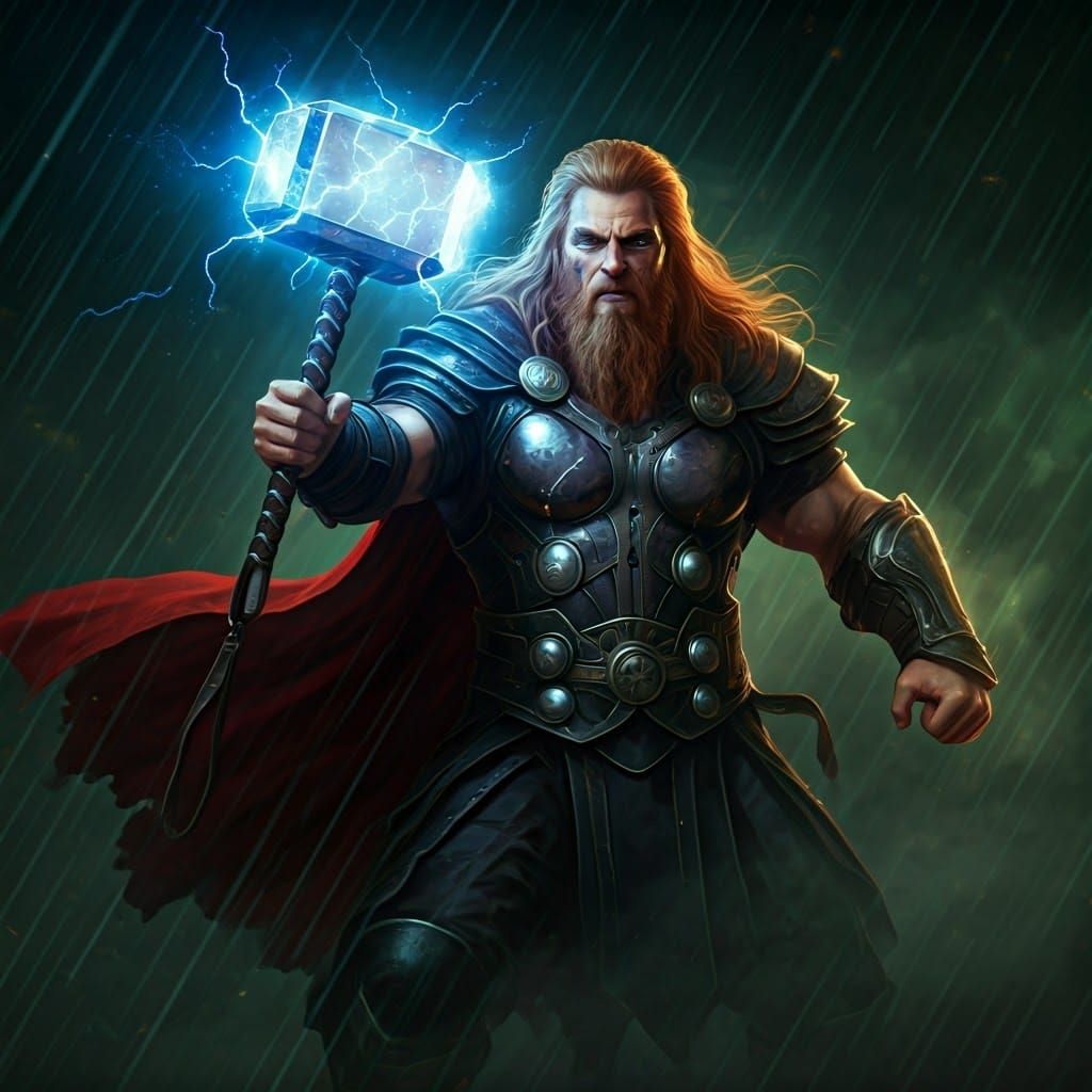 Powerful Norse God of Thunder with Hammer