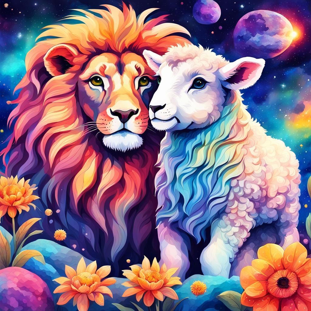Lamb and Lion in Cosmic Watercolor Illustration