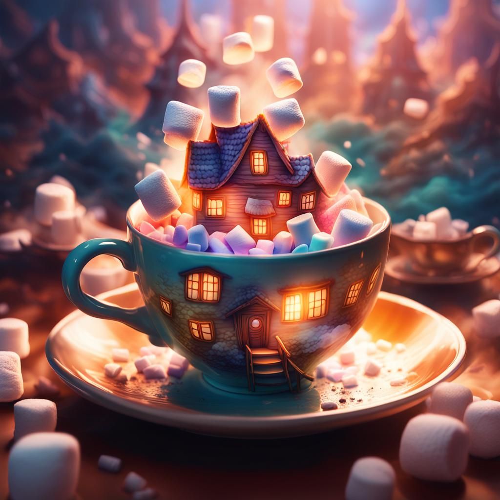 Floating Marshmallow Houses in Teacup: Sci-Fi Concept Art