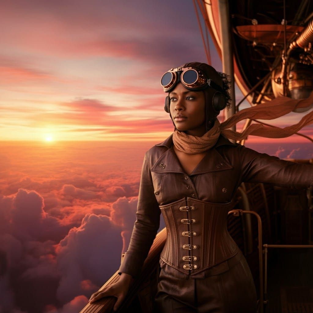 Dirigible Pilot Gazing at Sunset in Steampunk Style