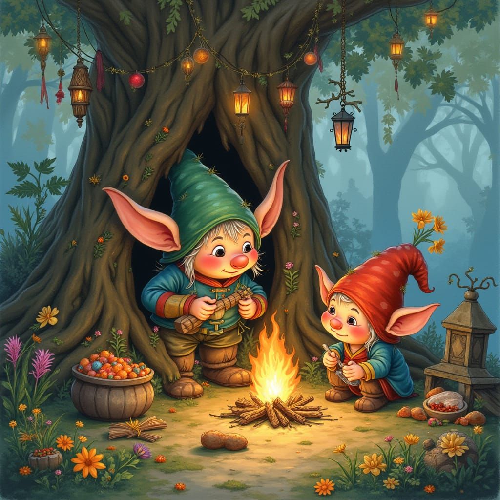 Whimsical Troll Village in Watercolor Style