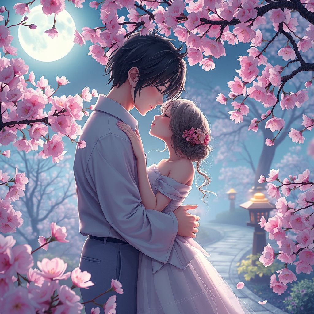 Lovers in Moonlit Blossom Garden: 3D Anime Art