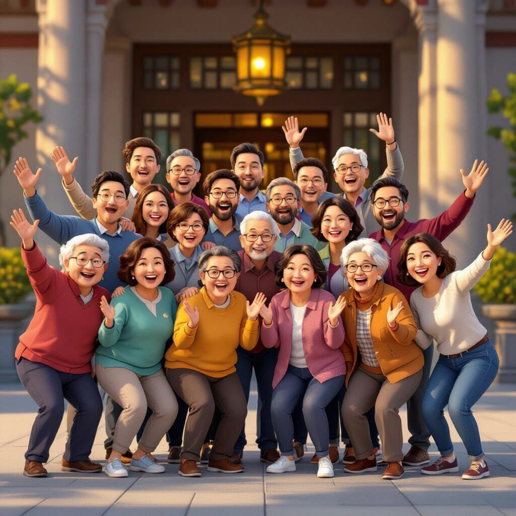 Joyful Asian Adults in Cartoon Style Photo