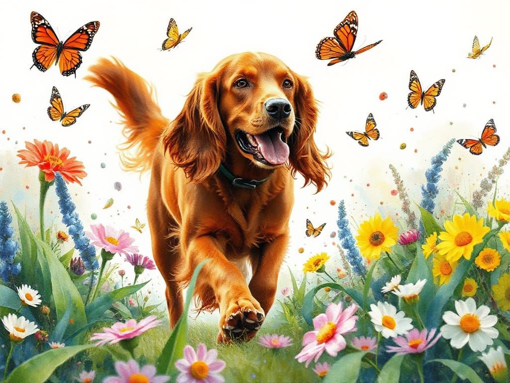Irish Setter in Spring Garden: Watercolor Art