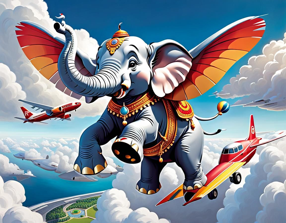 high detail cartoon in style of artist “Friz Freleng”:: ((supersized Indian-Elephant:2)) tries to straddle ((a Boeing 73...