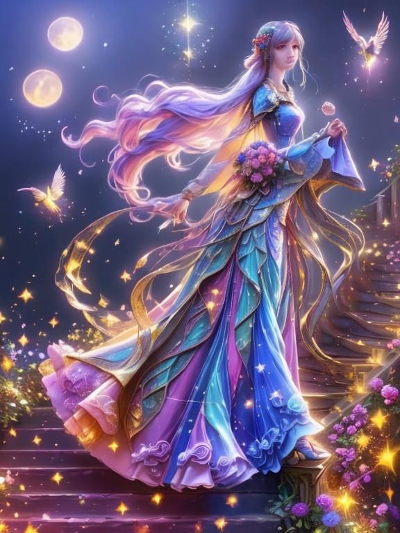 Princess Ascending Rose Staircase in Cosmos, as Digital Art