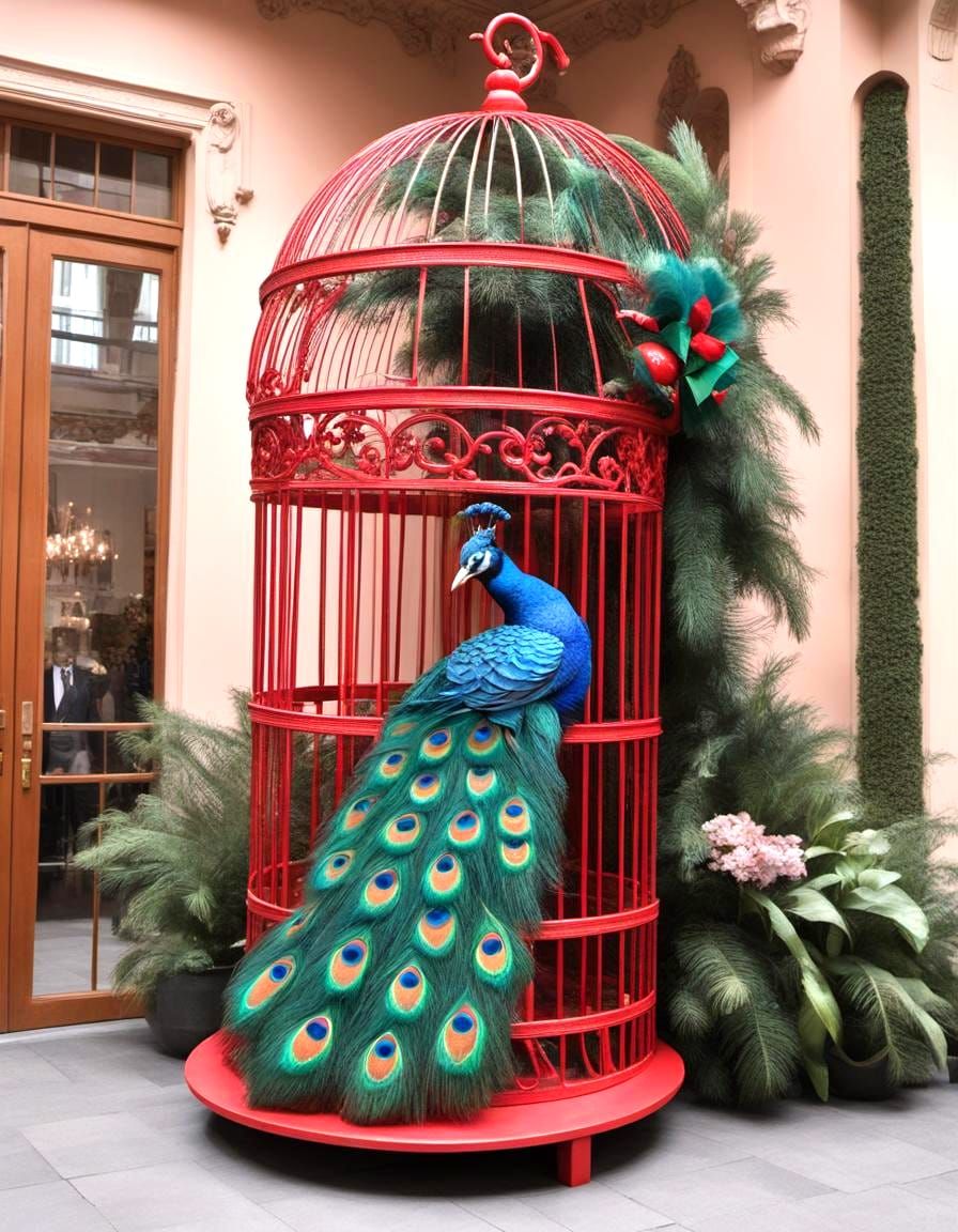 Colorful Candy Cane Birdcage Encloses Vibrant Peacock