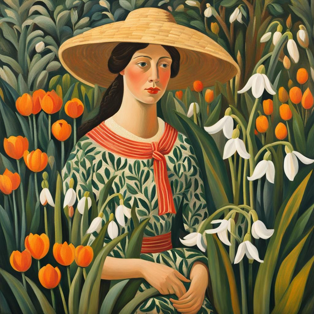 Woman with Snowdrop in Naive Art Style