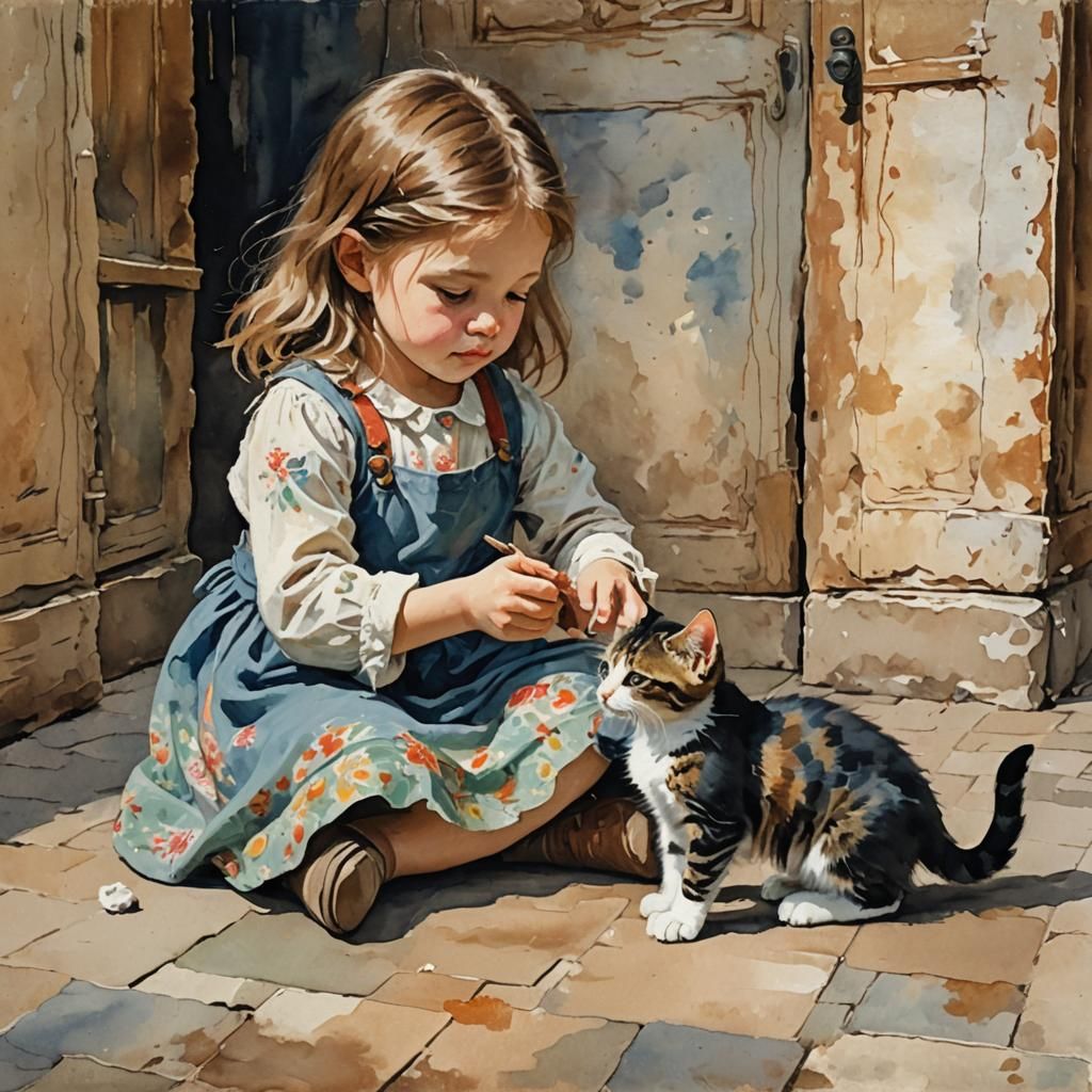 Girl and Kitten Playtime: Gouache Impressionist Masterpiece