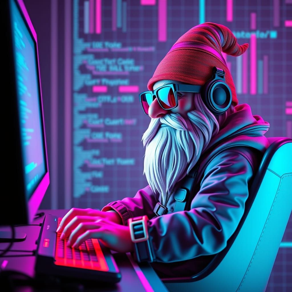 Gnome Coder in Synthwave Neon Retro Style