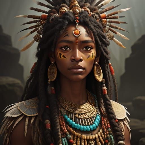 Bantu Priestess in Stone Age Shrine: Oil Painting