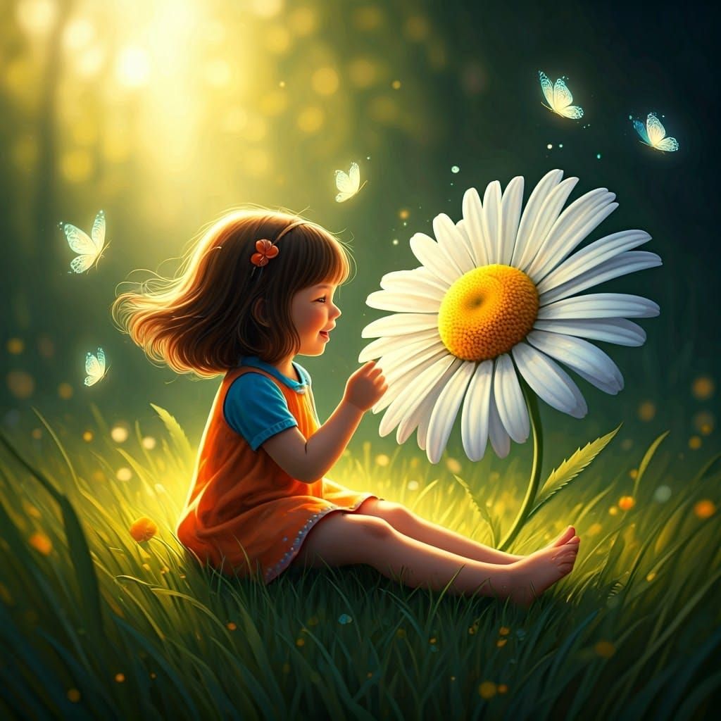 Girl in Meadow with Giant Daisy and Butterflies