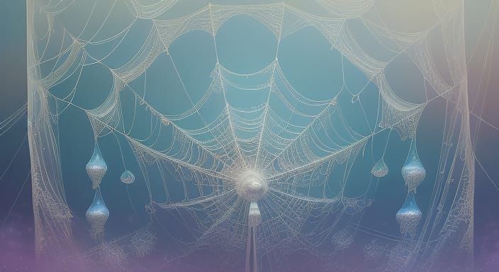 Whimsical Spiderweb Umbrella Casting Shadow on Dewdrops