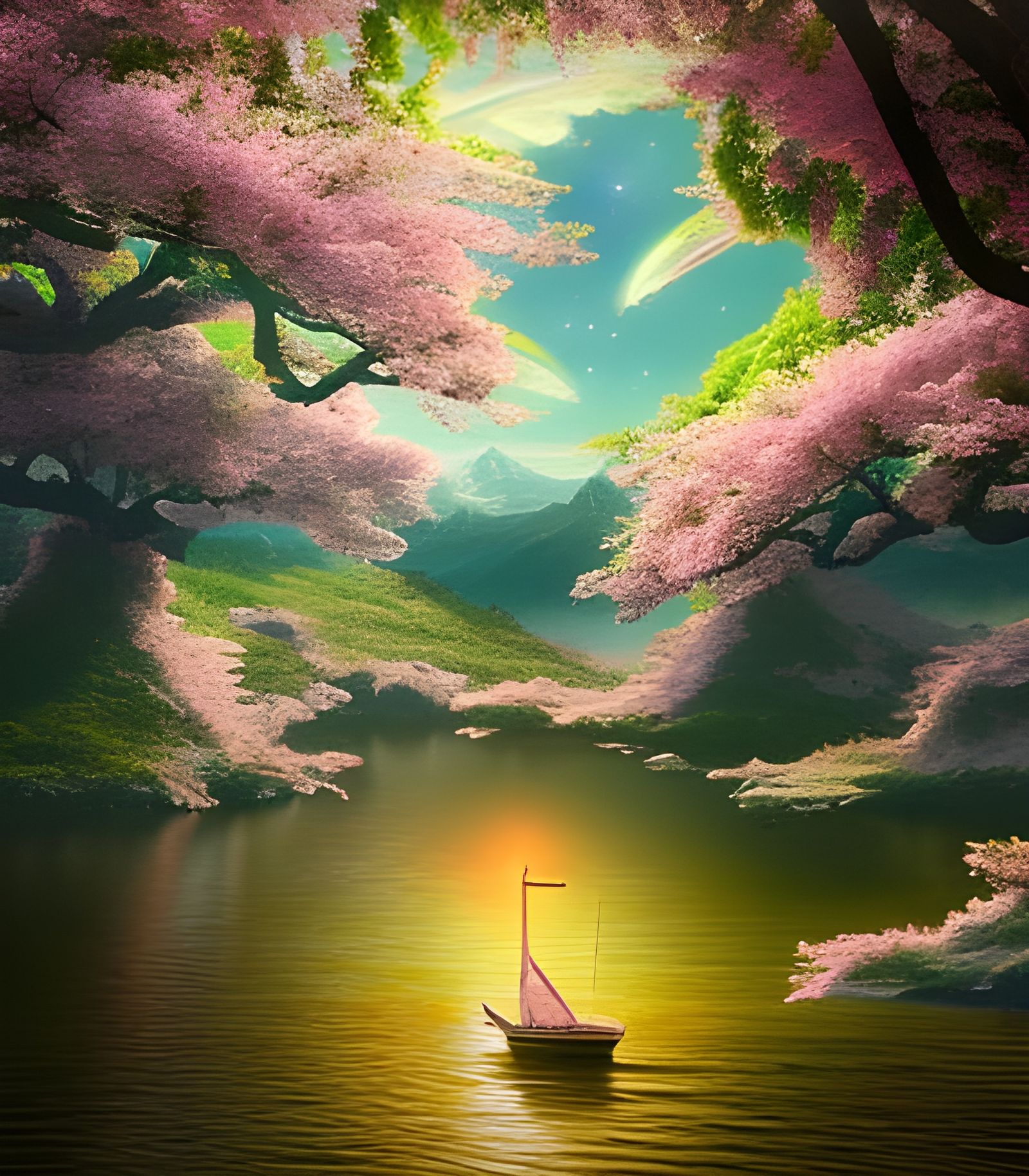 Floating Cherry Blossom Islands in Fantasy Landscape