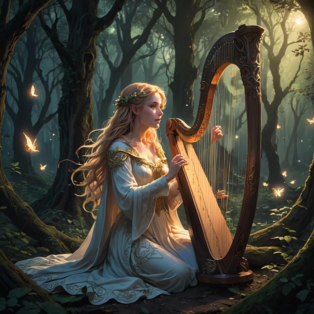 Celtic Goddess Harping in Mystical Forest