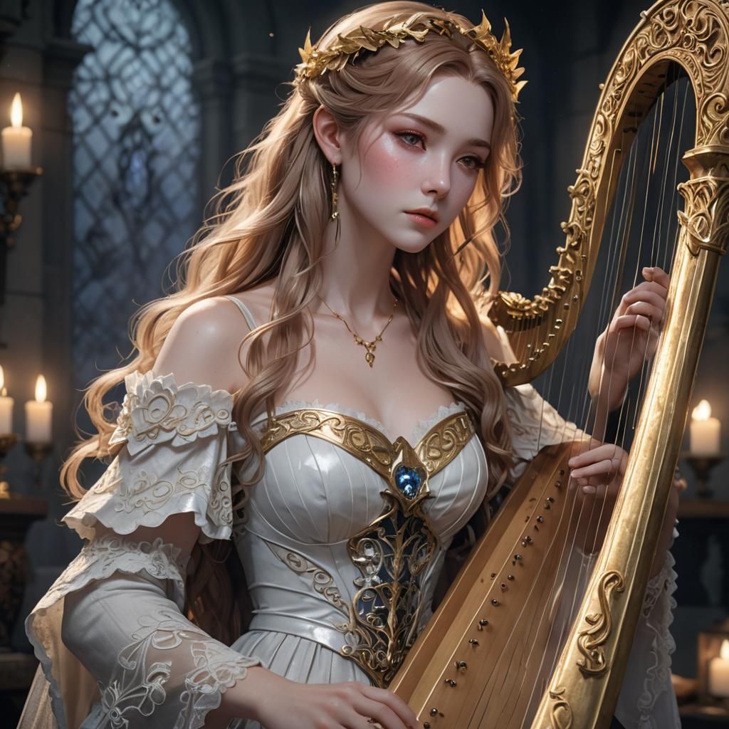 Heartbroken Celtic Harpist in Genshin Impact Style