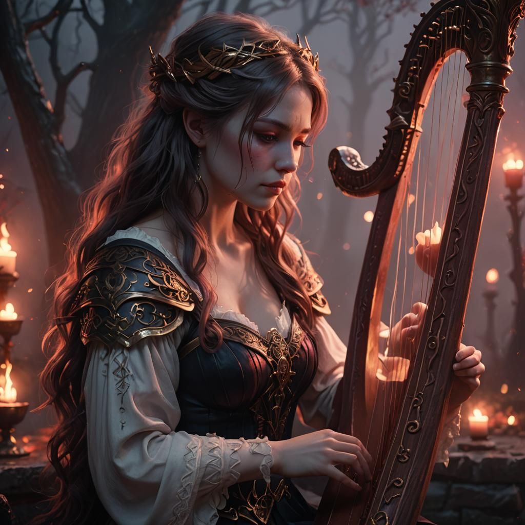 Celtic Woman Plays Harp in Dark Fantasy Style