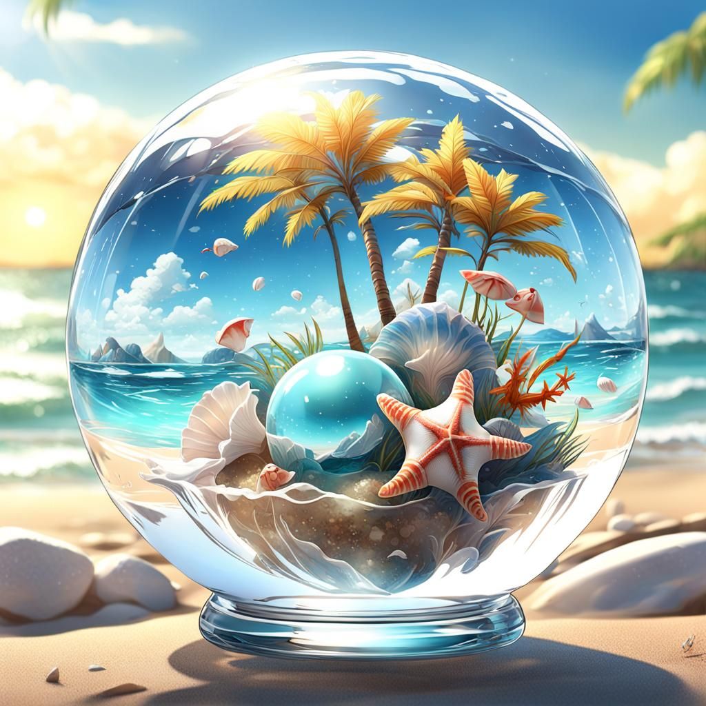 Beach in Glass Ball: Detailed 3D Anime Art