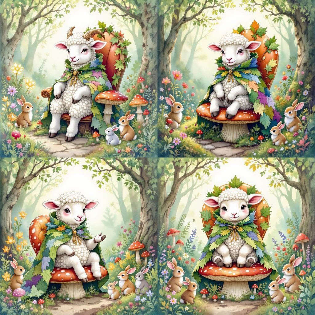 Nervous Lamb on Mushroom Throne, Watercolor Style