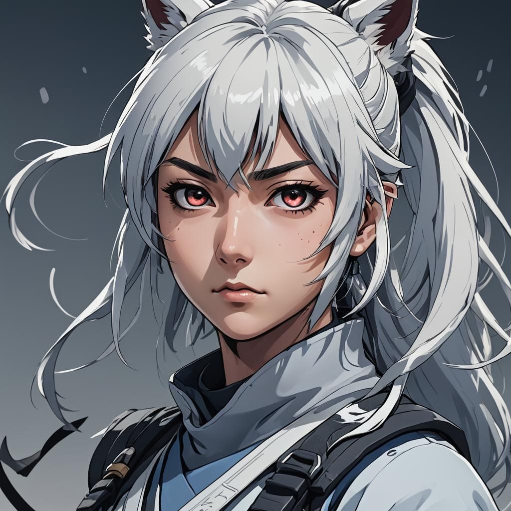 Anime Ninja Girl with White Ponytail in Cel-Shaded Style