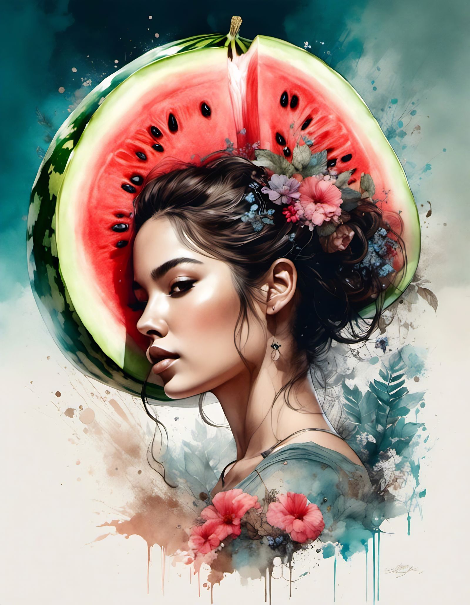 Palestinian Woman with Watermelon in Digital Watercolor