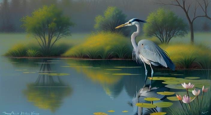 Great Blue Heron in Soft, Cool Luminist Colors