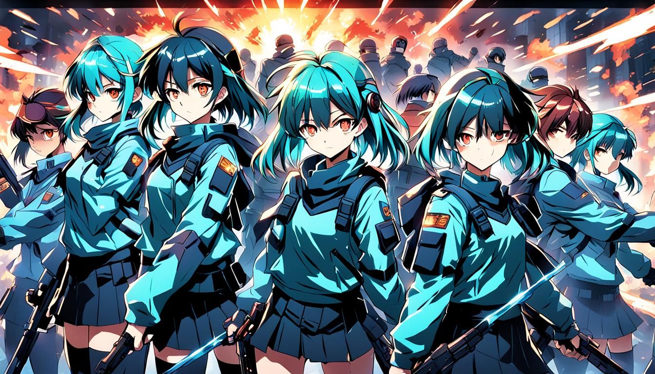 Vibrant Elite School Strike Force Anime Scene in Cel-Shaded...