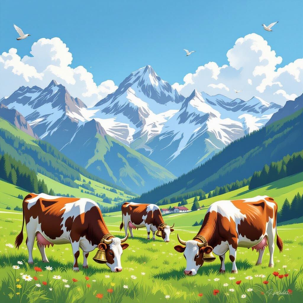 Whimsical Cows With Ornate Bells in Swiss Alps