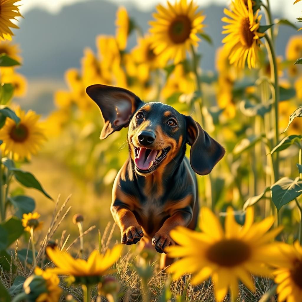 Dachshund in Sunlit Sunflower Field: Hyperrealistic Style
