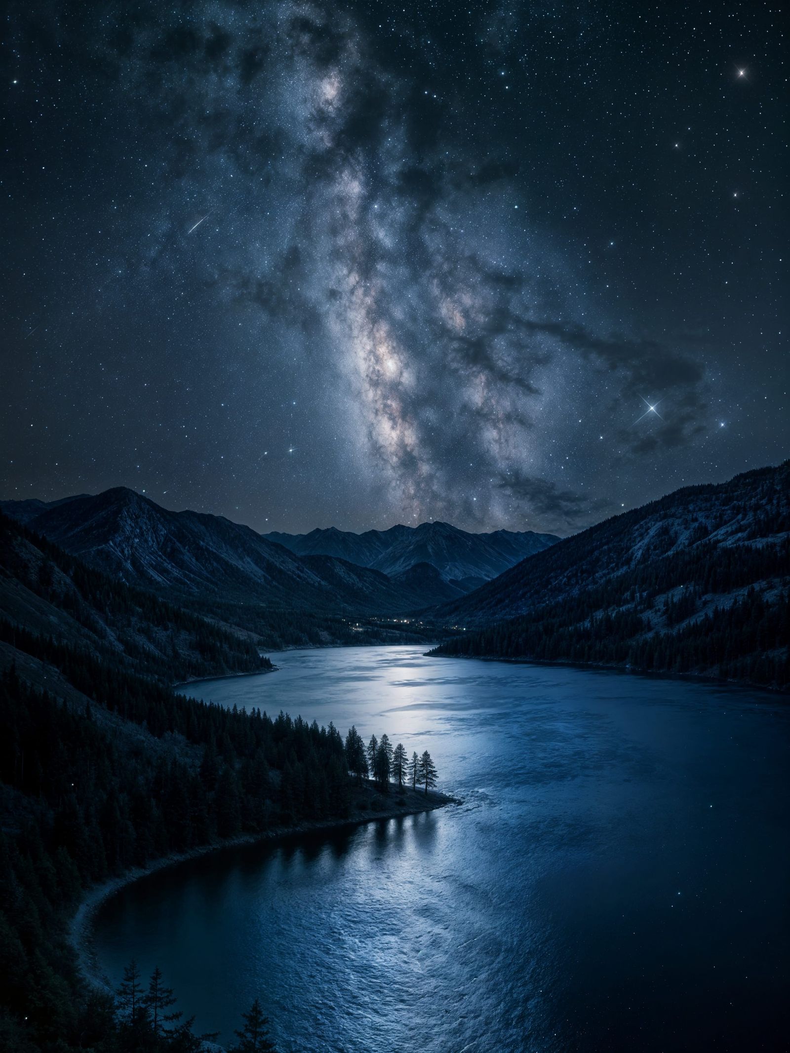 Galaxy Stars Illuminate Mountain Landscape Over Glistening W...