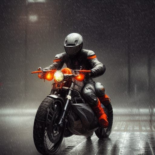 Motorcyclist in Rain: Hyperdetailed Concept Art