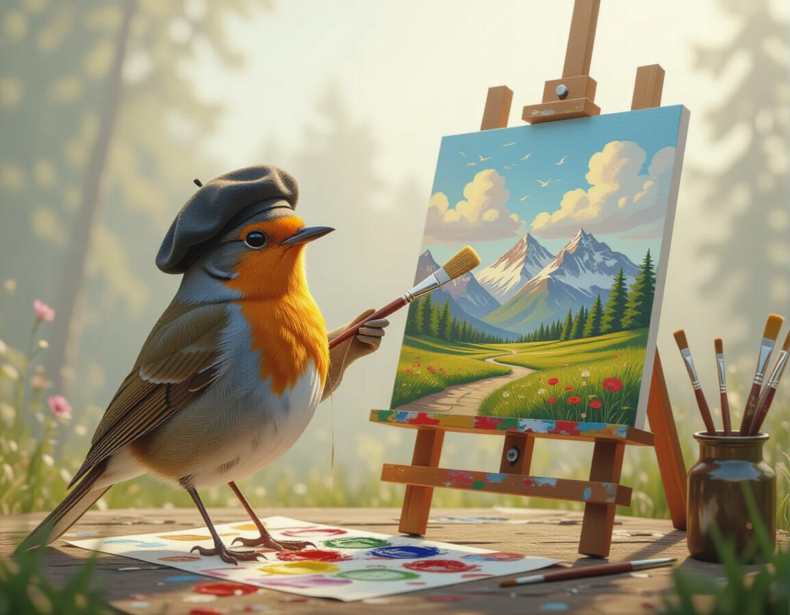 Robin Bird Artist with Masterpiece, Concept Art