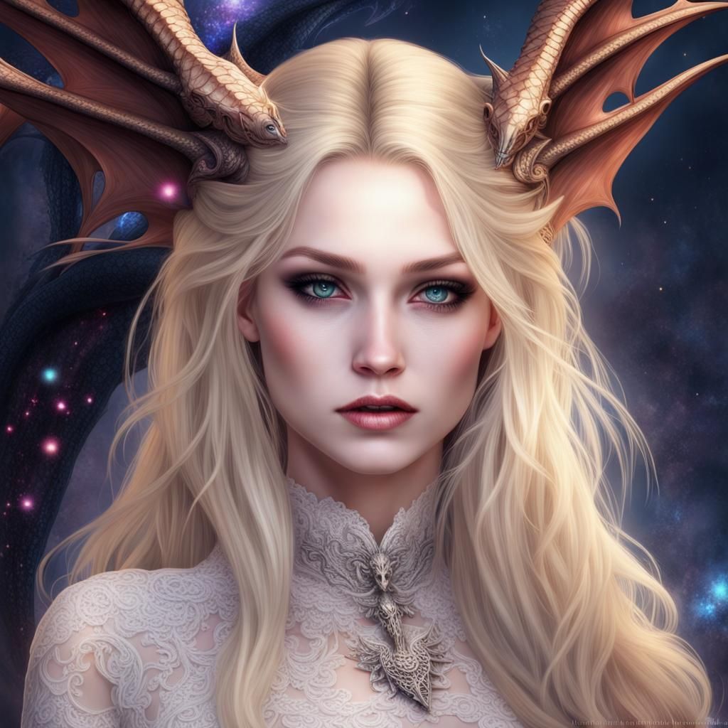 Gothic Galaxy Mistress with Dragon, Hyperrealistic Portrait