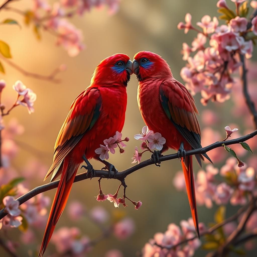 Rosellas Kissing Among Cherry Blossoms, Fantasy Concept Art