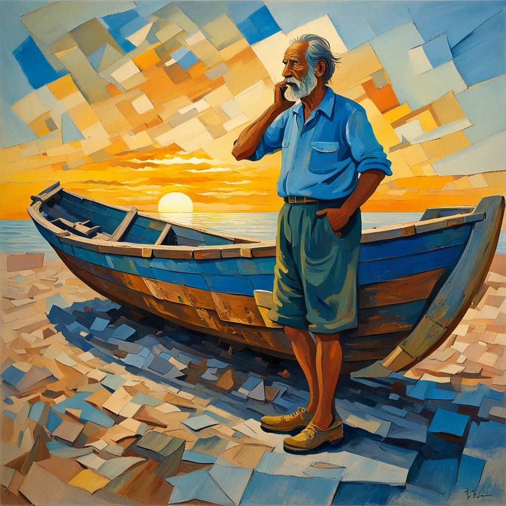 Spanish Fisherman on Valencia Beach in Picasso's Style
