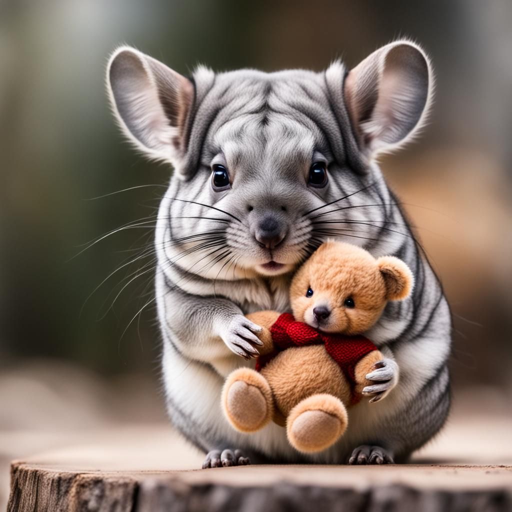 Charming Chinchilla Holding a Cute Teddy Bear