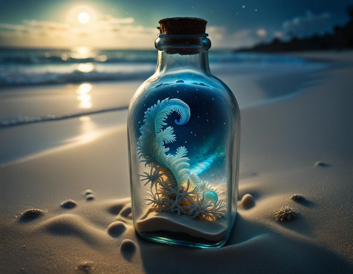 Bioluminescent Universe in a Bottle on Beach