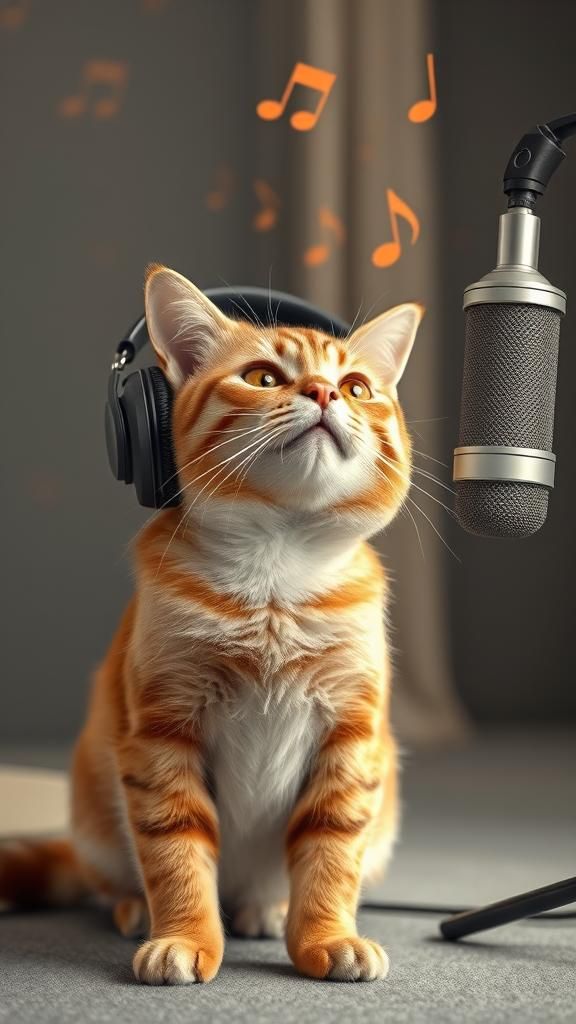 Singing Cat in Recording Studio With Music Notes