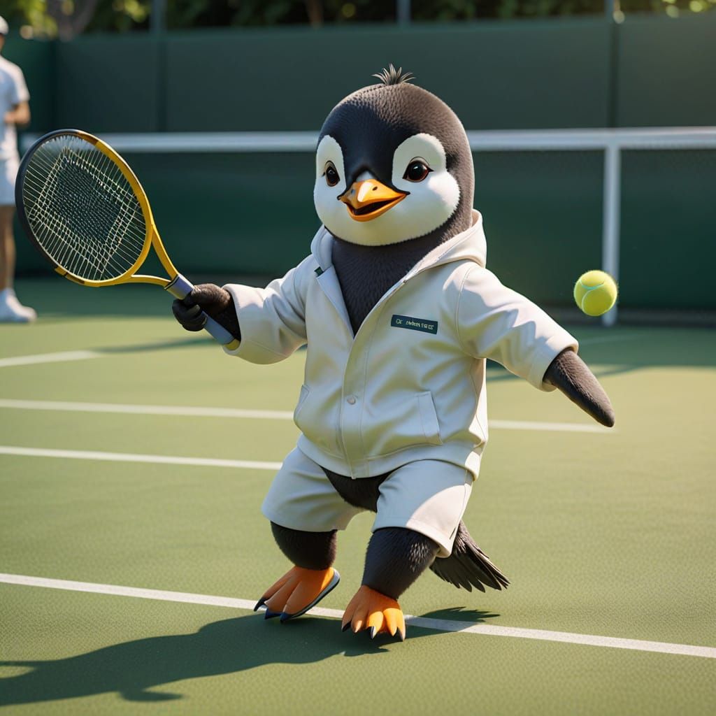 Penguin Wins Tennis Match in Anime Style