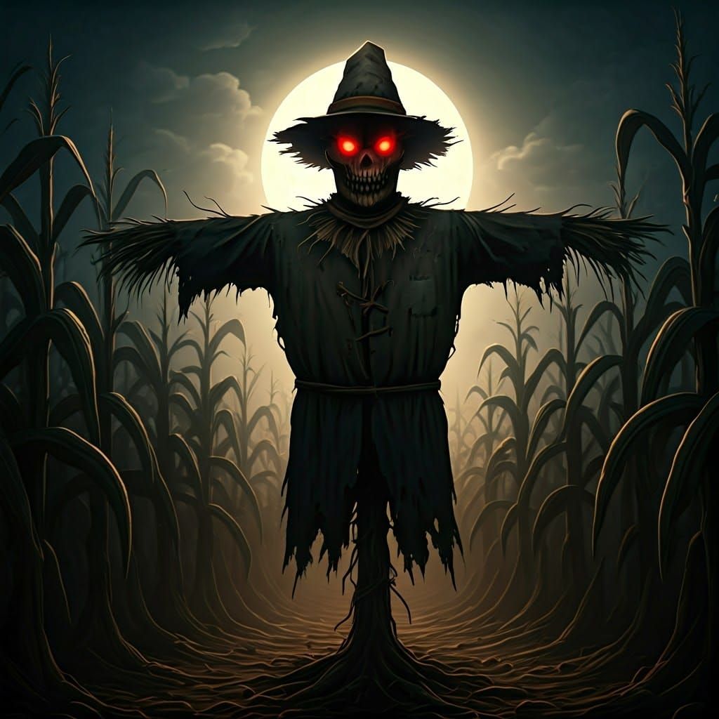 Nightmarish Scarecrow in Haunted Cornfield